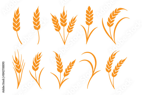 Wheat icon set. Collection of black wheat ear silhouettes, ideal for agriculture logos, organic product labels, and rural themed designs. Vector illustration. EPS 10
