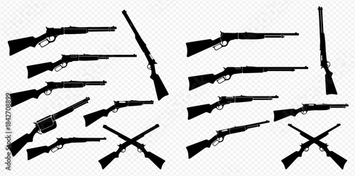 Collection of various rifle silhouettes, including lever action and bolt action designs, for hunting and sport.