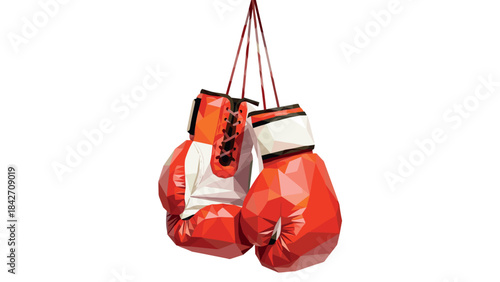 Modern low poly red boxing gloves hanging on ropes