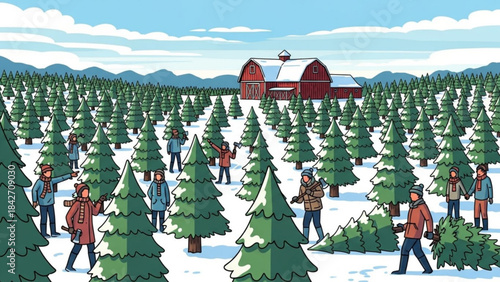Wintertime at the Tree Farm: A bustling tree farm scene with individuals harvesting trees, a vibrant barn nestled among them, creating an inviting panorama of winter festivities.