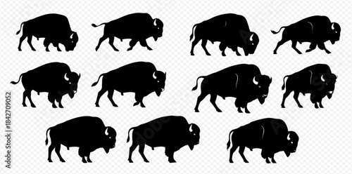 Collection of various American bison silhouettes in different poses, showcasing the majestic animal's powerful form.