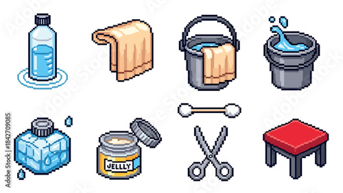 Pixel art cleaning and hygiene icons set featuring everyday tools and essentials