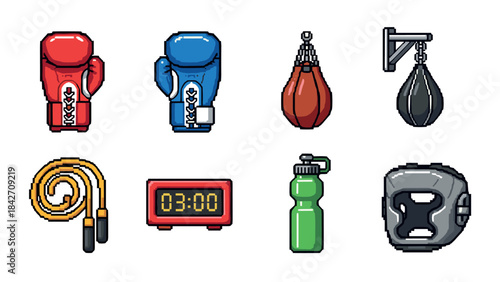 Colorful pixel art boxing essentials collection for modern workout themes