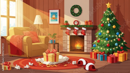 Christmas Cheer in Cozy Living Room: A warm and inviting Christmas scene, featuring a decorated Christmas tree, a crackling fireplace, and presents scattered about.