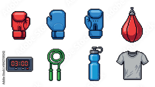 Pixel art boxing equipment set: gloves, punching bag, and fitness gear