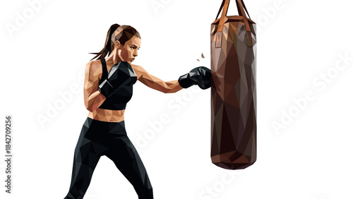 Polygonal female boxer training with punching bag in modern fitness gym