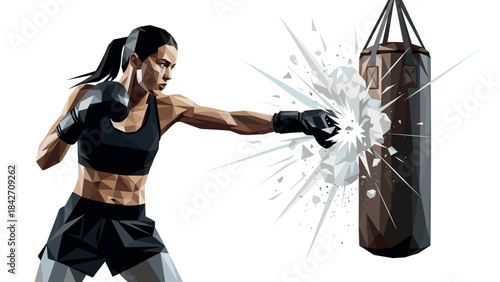 Dynamic polygon boxing scene featuring female athlete punching bag with intensity