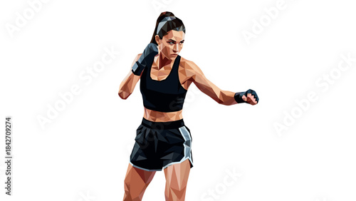 Polygonal boxing woman in action pose with athletic outfit and gloves