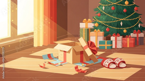 Christmas Presents and Christmas Tree: An inviting scene unfolds, where Christmas gifts are scattered amid the warm glow of sunlight. A decorated Christmas tree casts festive shadows.