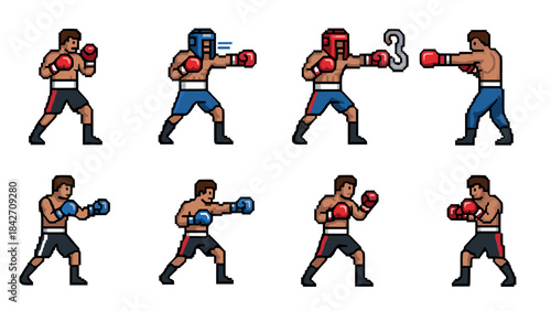 Retro pixel art boxers in various poses showcasing dynamic movements and energetic action
