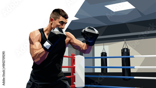 Geometric boxer training in gym with punching bags