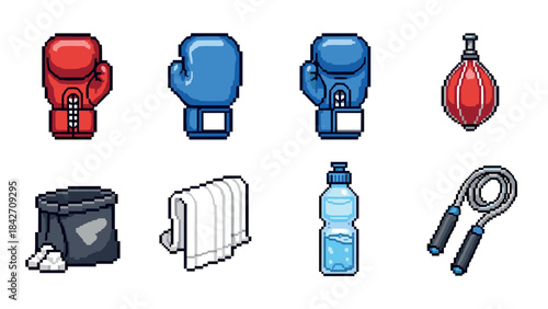 Pixel art boxing equipment set with gloves, jump rope, and water bottle