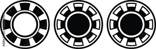 A trio of simple black-and-white graphic icons representing poker or casino gambling chips with different radial patterns indicating a value or fill style.