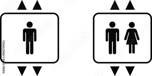 Black and white graphic icons representing an elevator for a single man and another for a male and female couple moving up or down within a modern building.