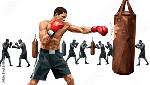 Low poly boxer throwing punch at bag with monochrome background sequence