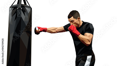 Low poly boxer training with punching bag in geometric style for fitness and sports concepts