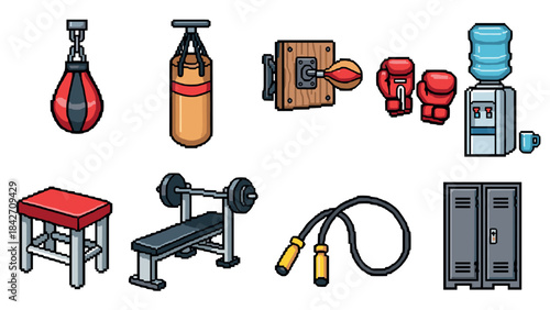 Pixel art gym equipment collection: boxing, weights, locker room, jump rope
