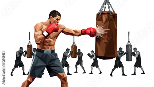 Low poly boxer practicing punches with punching bag for fitness and training