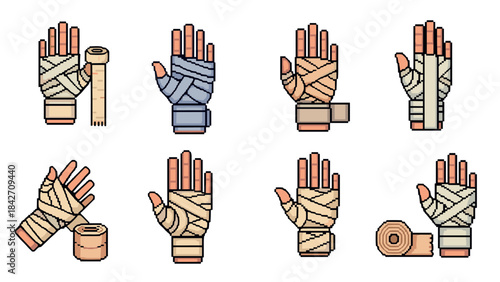 Collection of bandaged hand icons in pixel art style