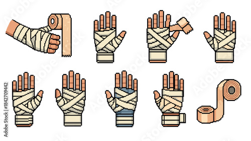 Pixel art hand bandage wrap techniques displayed on various hand positions