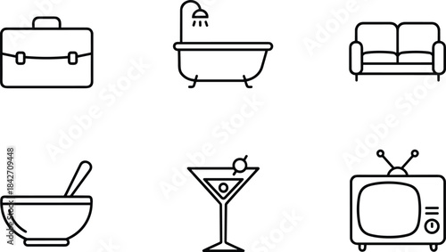 A simple set of black line icons representing various objects like a briefcase, bathtub, sofa, mixing bowl, cocktail drink, and an old-fashioned television set.
