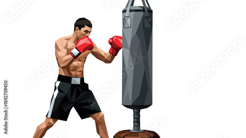 Polygonal boxer training with punching bag in geometric style
