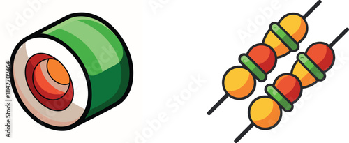 Colorful Food and Fast Food Icon Set Including Burger, Sandwich, Pizza, Juice, Coffee, Wrap, Biscuits, Milk, Olive Oil Bottle and Fresh Salad – Cartoon Style Food Illustration for Restaurant Menu, Del