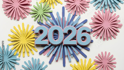 Happy New Year 2026 Paper Cutout Decoration with Fireworks