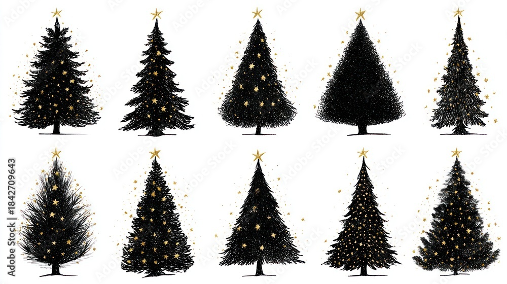 Obraz premium Christmas tree hand drawn illustrations, vector, black silhouettes with gold stars on white background