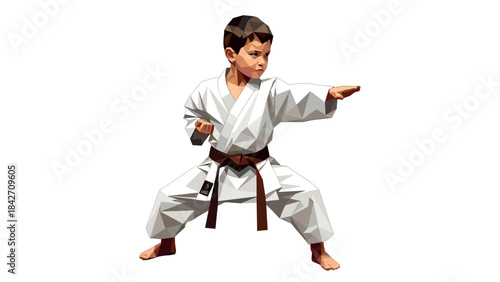 Low poly martial arts kid in karate pose with white gi and brown belt