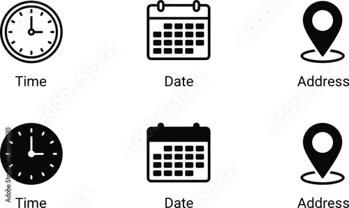 A collection of six simple black-and-white icons for common information, including time (clock), date (calendar), and address (location pin), in both outline and solid styles.
