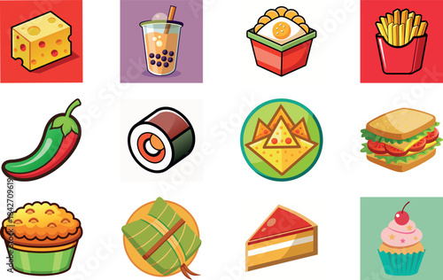 Colorful Food and Fast Food Icon Set Including Burger, Sandwich, Pizza, Juice, Coffee, Wrap, Biscuits, Milk, Olive Oil Bottle and Fresh Salad – Cartoon Style Food Illustration for Restaurant Menu, Del