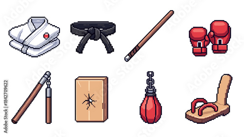 Martial arts pixel art icons featuring gear and training equipment