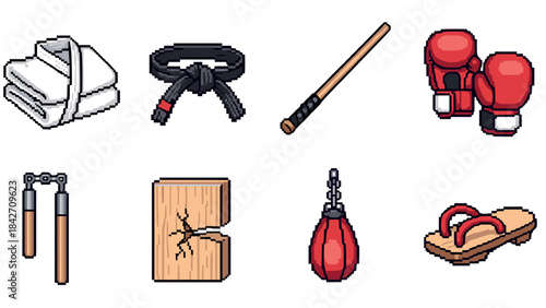 Pixel art martial arts equipment collection: gloves, uniforms, weapons, and accessories