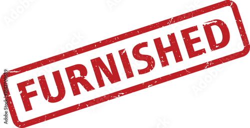 Red Furnished Rubber Stamp Impression on White Background, Slightly Tilted Angle, Distressed Texture