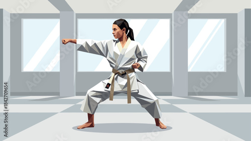 Female martial artist practicing karate in training dojo
