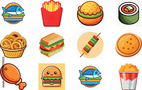 Colorful Food and Fast Food Icon Set Including Burger, Sandwich, Pizza, Juice, Coffee, Wrap, Biscuits, Milk, Olive Oil Bottle and Fresh Salad – Cartoon Style Food Illustration for Restaurant Menu, Del