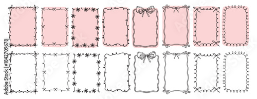 hand drawn doodle pink cute borders for wedding invitation with bows, quirky trendy whimsical frames for girl birthday, wavy borders. Empty cute line frames