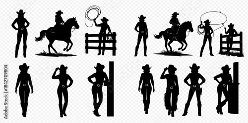 Collection of Cowgirl Silhouettes in Various Poses with Hats, Horses, and Ropes.