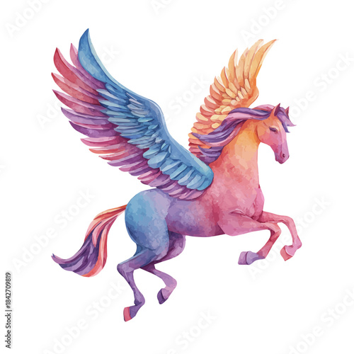 Isometric watercolor rendering of Pegasus, isolated on a clean white background.