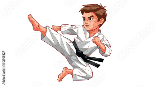Geometric martial artist in action with low poly style karate pose