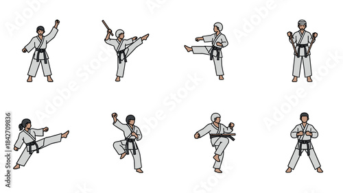 Martial arts karate athletes in action poses with traditional uniforms