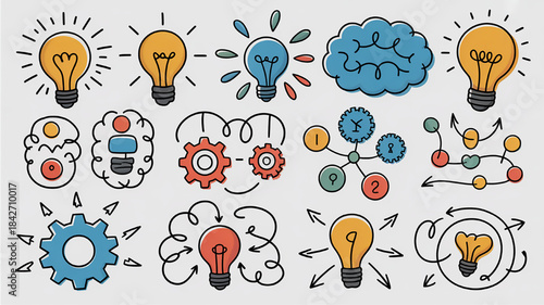Collection of hand-drawn idea and innovation icons including light bulbs brains and gears for concept and strategy design