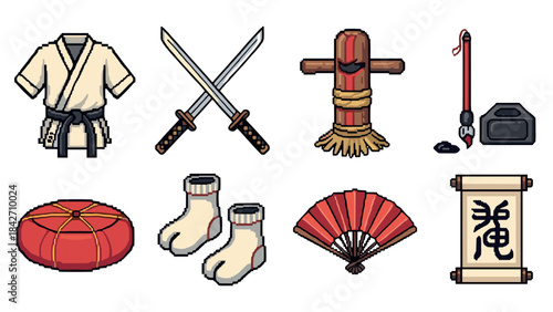 Pixel art martial arts gear: swords, uniforms, and essentials for training