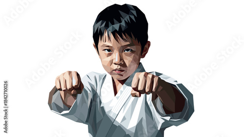 Polygonal art of young martial artist performing punch in karate gi