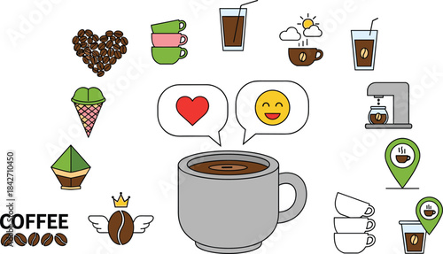 Coffee icons and illustrations including a heart of beans a steaming cup and ice cream