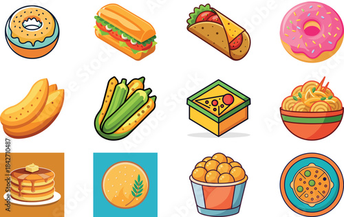 Colorful Food and Fast Food Icon Set Including Burger, Sandwich, Pizza, Juice, Coffee, Wrap, Biscuits, Milk, Olive Oil Bottle and Fresh Salad – Cartoon Style Food Illustration for Restaurant Menu, Del