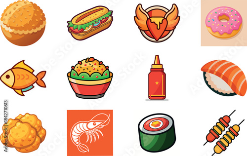 Colorful Food and Fast Food Icon Set Including Burger, Sandwich, Pizza, Juice, Coffee, Wrap, Biscuits, Milk, Olive Oil Bottle and Fresh Salad – Cartoon Style Food Illustration for Restaurant Menu, Del