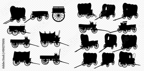 Collection of various vintage horse-drawn wagon and cart silhouettes on a transparent background.