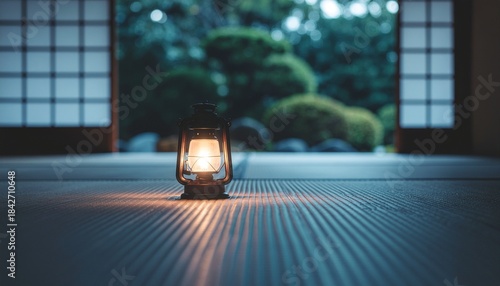 Wallpaper Mural 和室の畳の上に置かれたレトロなランプのある美しい日本の雷雨スタイルイメージ、禅のようなシンプルさ, Retro lamp on tatami in Japanese room with thunderstorm style, Zen-like simplicity
 Torontodigital.ca